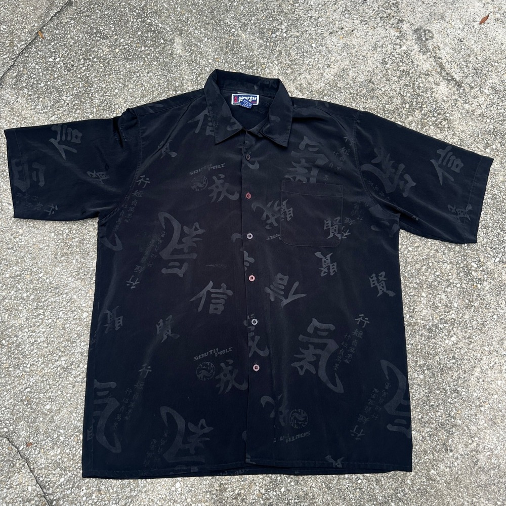 Vintage 90s Southpole Kanji Script Tonal Black Button Down Shirt XL Y2K